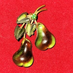 Austrian Vintage Rhinestone and Glass Pear Fruit Brooch/Pin